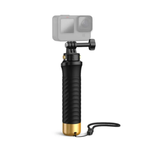Плаваща ръкохватка GARV Floaty Magnetix за GoPro, черна със златиста основа и каишка.
