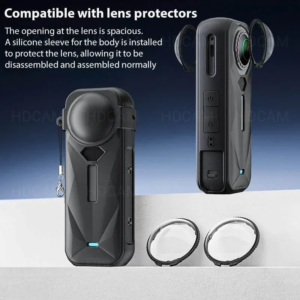 Черен силиконов защитен калъф с капаче за обектив Insta360 X5.