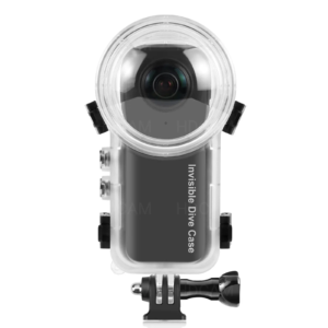 Прозрачен водоустойчив корпус за Insta360 X4 с куполен обектив и черни бутони.