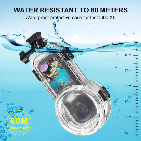 Прозрачен водоустойчив корпус за Insta360 X5, защита до 60 метра дълбочина.