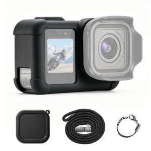 Силиконов защитен калъф за GoPro MISSION 1 / MISSION 1 PRO с капак за обектив и каишка, черен, SKU: PU1125B