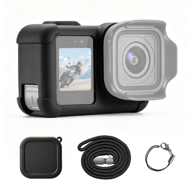 Силиконов защитен калъф за GoPro MISSION 1 / MISSION 1 PRO с капак за обектив и каишка, черен, SKU: PU1125B
