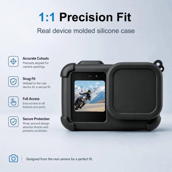 Силиконов защитен калъф за GoPro MISSION 1 / MISSION 1 PRO с капак за обектив и каишка, черен, SKU: PU1125B - 2
